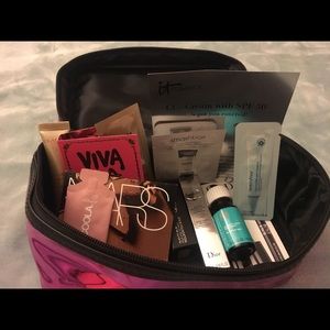 Shiny pink makeup bag filled with samples 💖